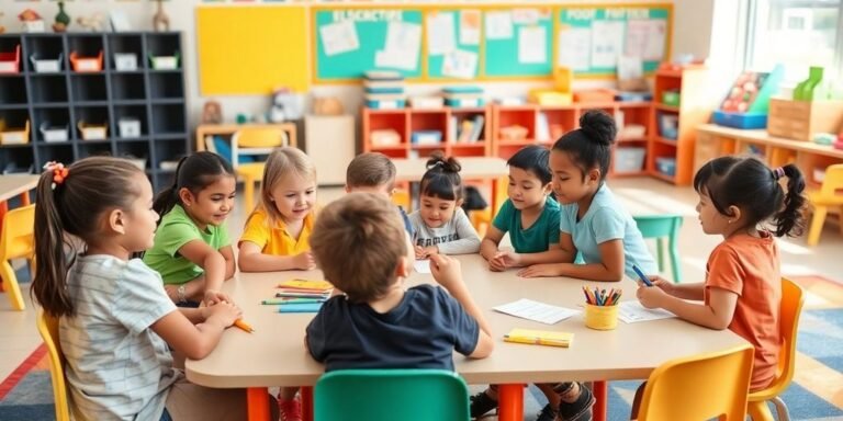 Diverse children collaborating in a vibrant classroom setting.
