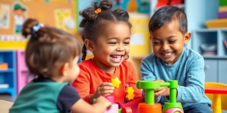 Preschooler sharing toys with friends in a classroom.