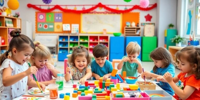 Preschoolers engaged in creative activities in a colorful classroom.