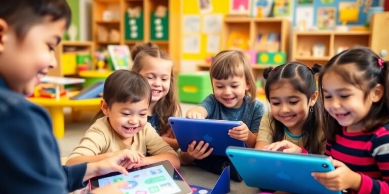 Children using digital tools in a bright classroom.