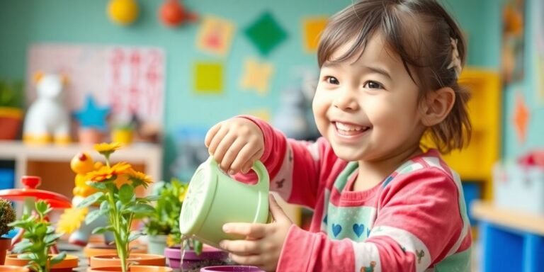 Preschooler happily participating in a responsibility activity.