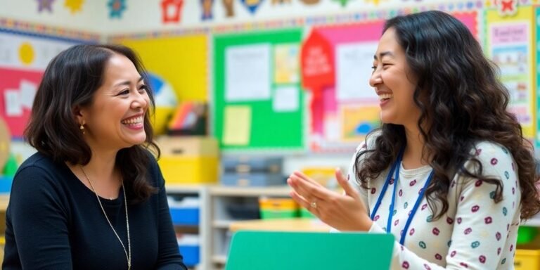 Parent and teacher discussing in a colorful classroom.