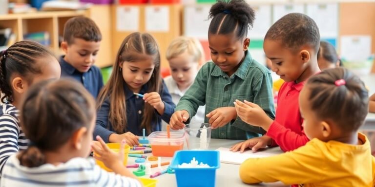 Diverse students collaborating in a colorful classroom setting.
