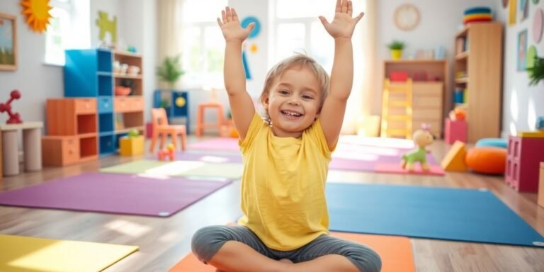 Preschooler practicing yoga poses in a colorful room.