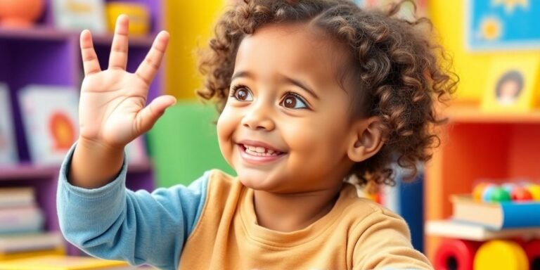 Preschooler raising hand with curiosity in a bright setting.