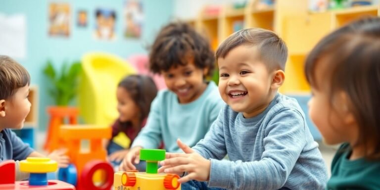 Preschoolers playing games together in a bright room.