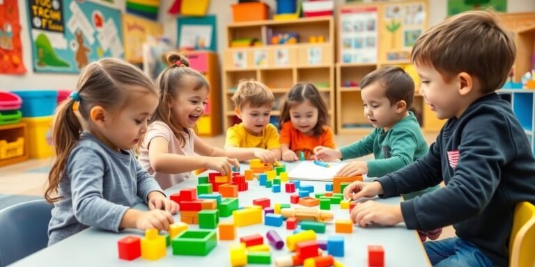 Preschoolers engaged in colorful, hands-on learning activities.