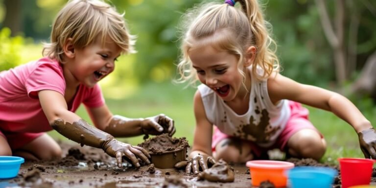 Children playing with mud pies and colorful play kits.