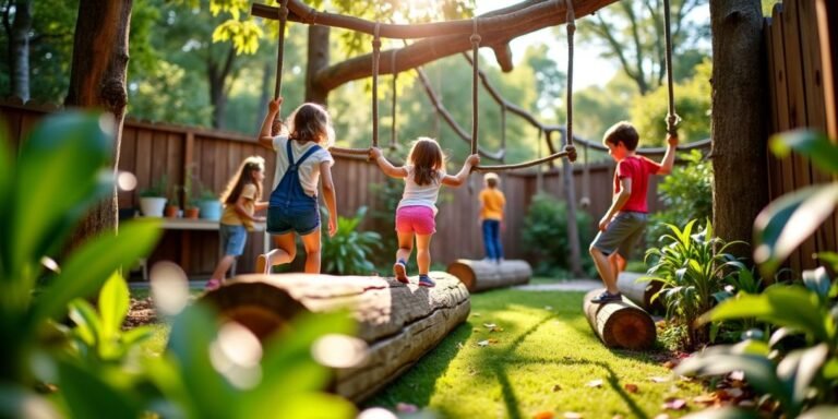 Children navigating a natural obstacle course in a backyard.