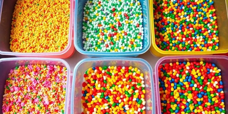 Colorful sensory bins for preschool learning activities.