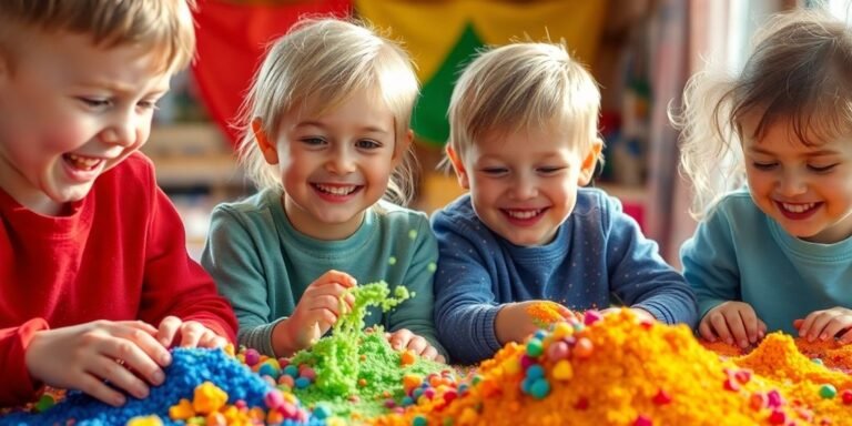 Children playing with colorful sensory materials in bright light.