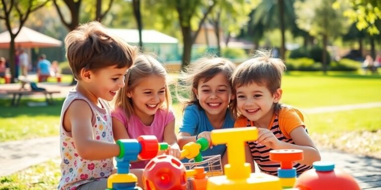 Children sharing toys and playing together in a park.