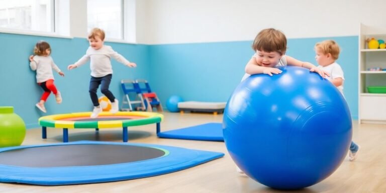 Children playing indoor gross motor games with bright equipment.