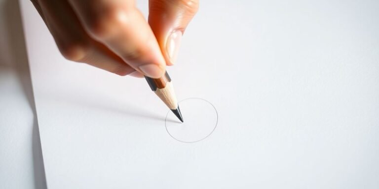 Hand holding a pencil above blank paper.