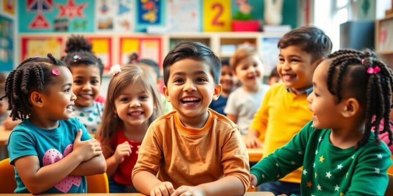 Children in a bright classroom engaging in positive behavior.