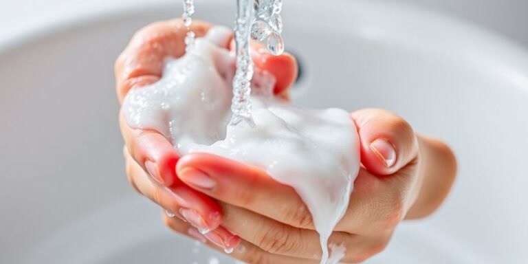 Close-up of hands washing with soap and water.