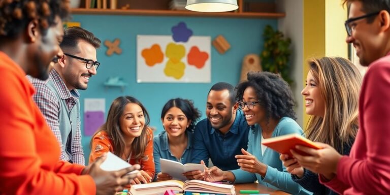 People playing storytelling games with colorful props.