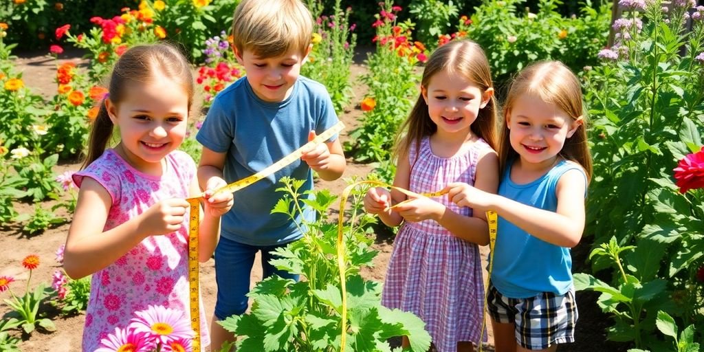 Children measuring plants in a colorful garden.