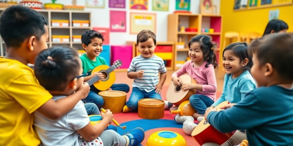 Children playing a musical game in a colorful classroom.