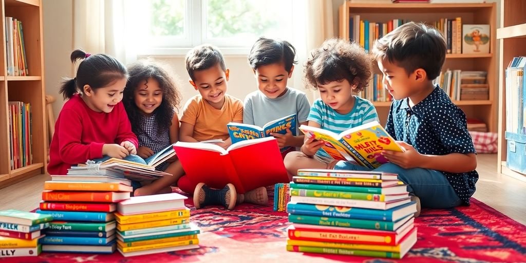 Children reading colorful books in a bright corner.