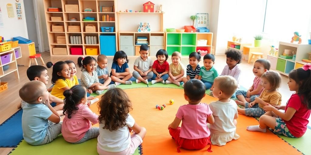 Children engaged in circle time activities in a bright room.