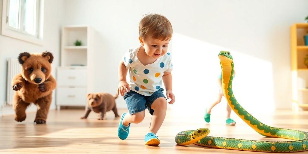 Child performing animal walks indoors with playful movements.