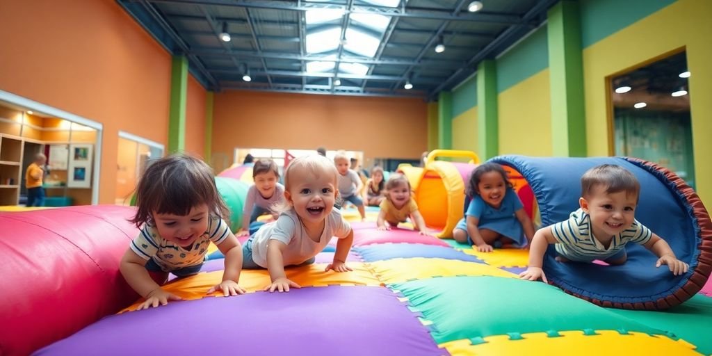 Children playing on an indoor obstacle course.