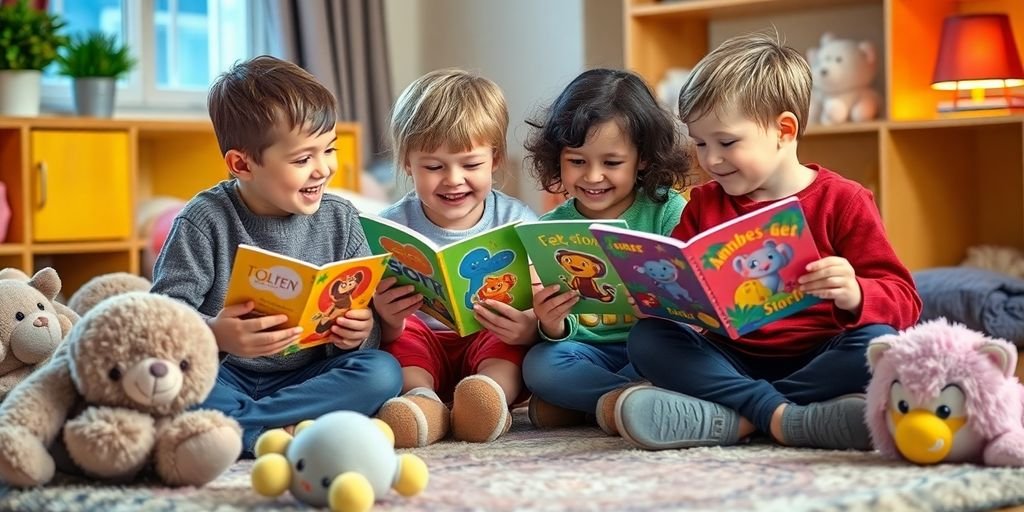 Children playing with story cards on a cozy rug.