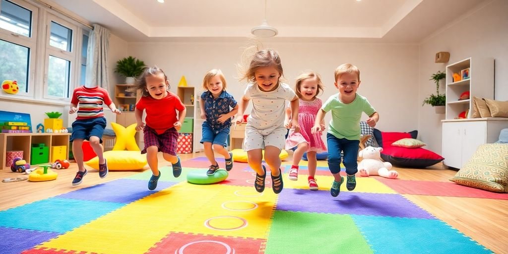 Children playing hopscotch indoors with bright lighting.