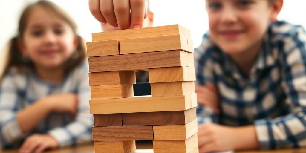 Child playing Jenga with friends, focused on the game.