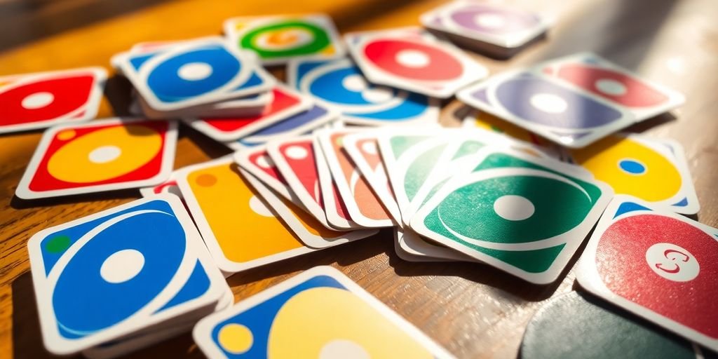 Colorful Uno cards spread out on a table.