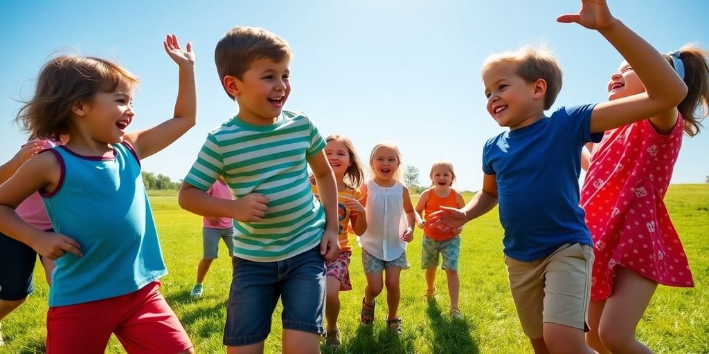 Children playing Simon Says in a sunny outdoor setting.