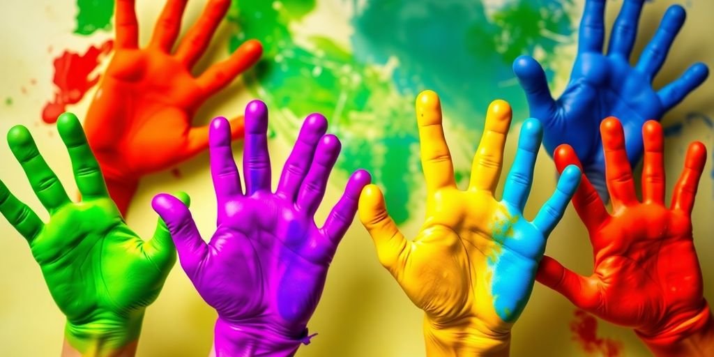 Colorful handprints forming hearts in bright colors.