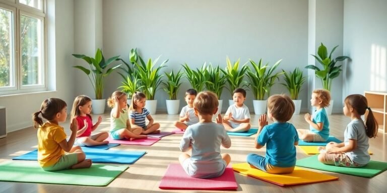 Preschoolers practicing mindfulness exercises in a bright classroom.