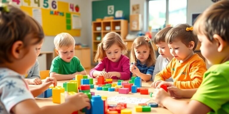 Kindergarten kids playing with colorful counting blocks in class.