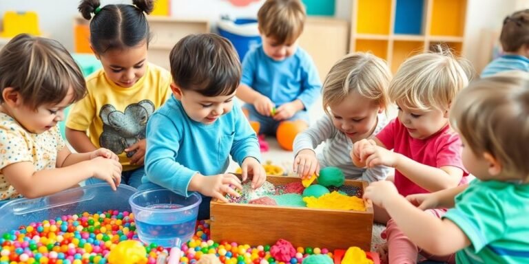 Toddlers enjoying colorful sensory play activities indoors.