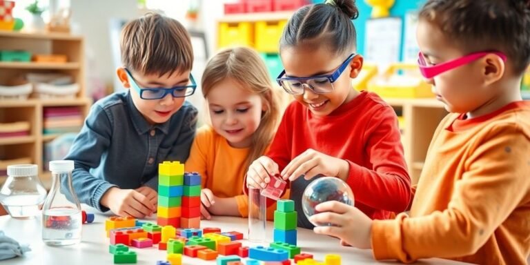 Children engaged in fun STEM activities in a classroom.
