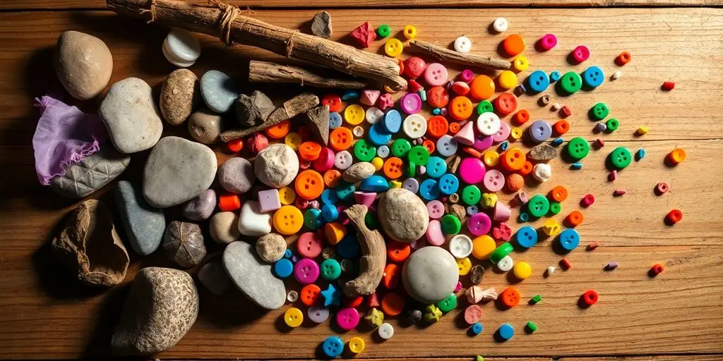 Colorful loose parts arranged for creative play.
