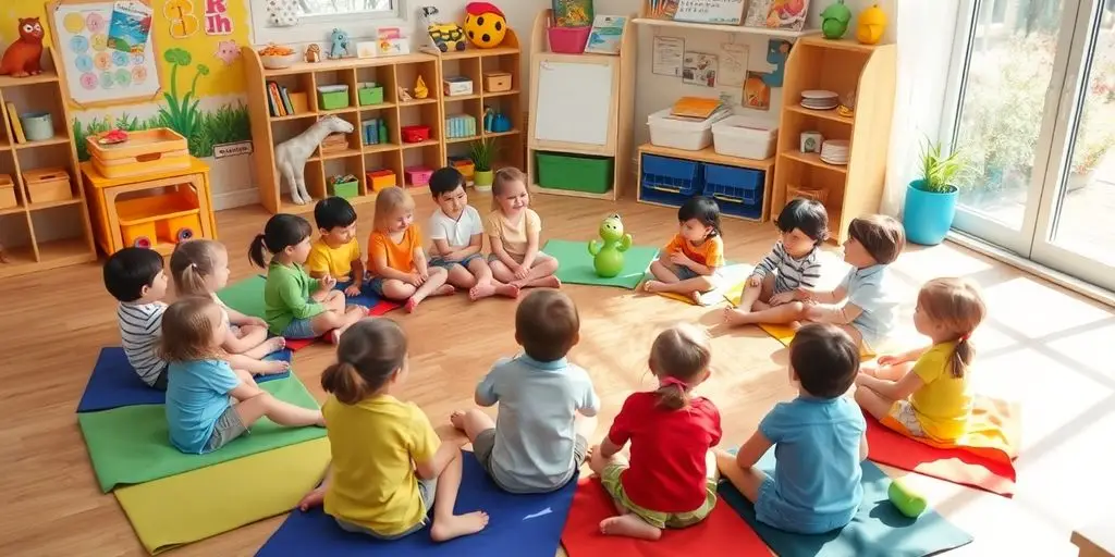 Preschool children engaged in circle time activities with props.