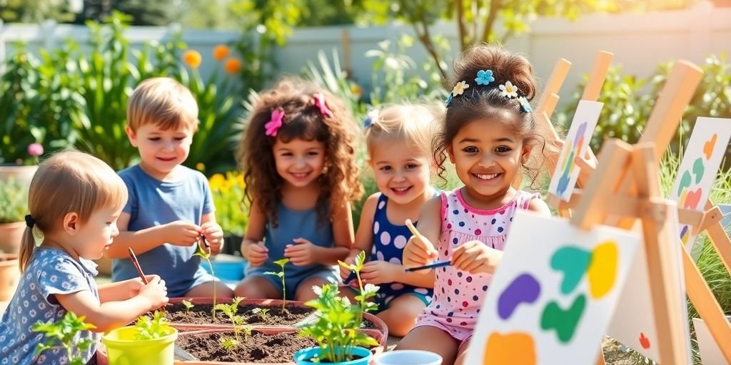 Children playing outdoors with gardening and painting activities.