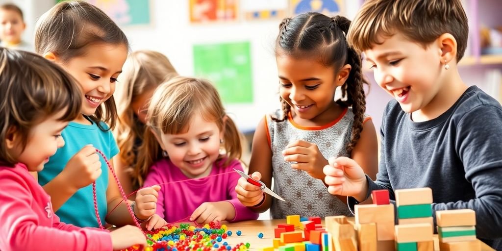Children playing with beads, scissors, and blocks.