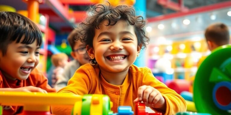 Happy child playing with friends in vibrant, colorful environment.