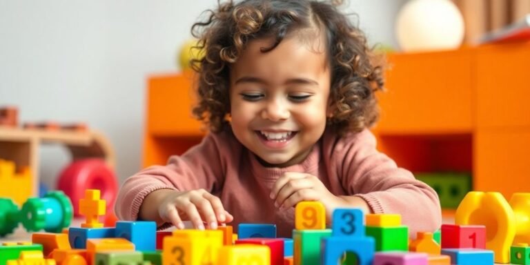 Child playing with colorful blocks, learning numbers through play.