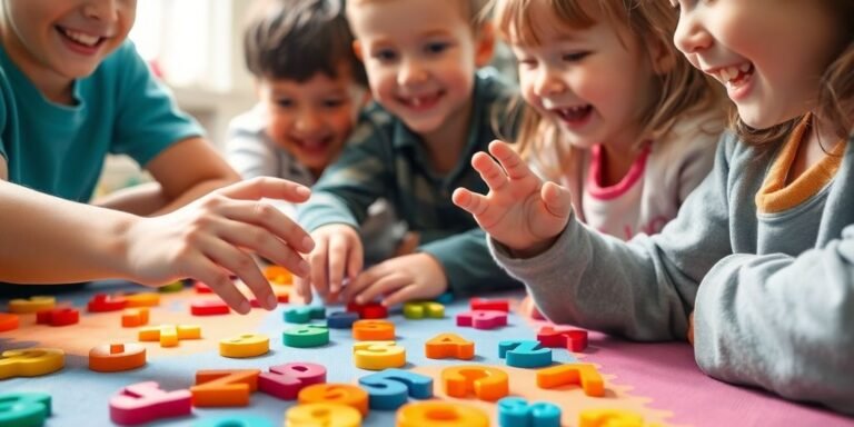 Children playing a number recognition game with colorful objects.
