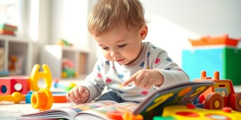 Toddler reading a colorful book surrounded by toys.