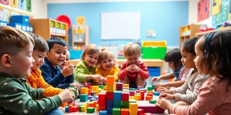 Children playing with colorful number toys in a classroom.