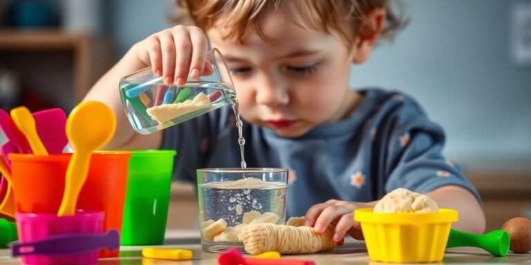 Toddler engaging in hands-on kitchen play activities.