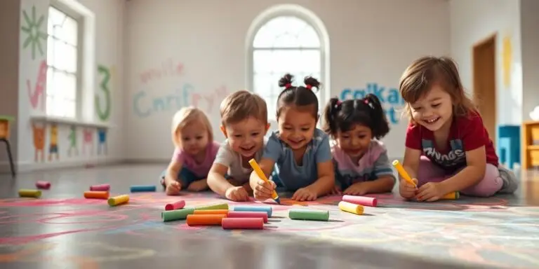 Toddlers playing with colorful chalk indoors, creating art.