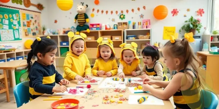 Preschoolers enjoying bee-themed activities in a bright classroom.