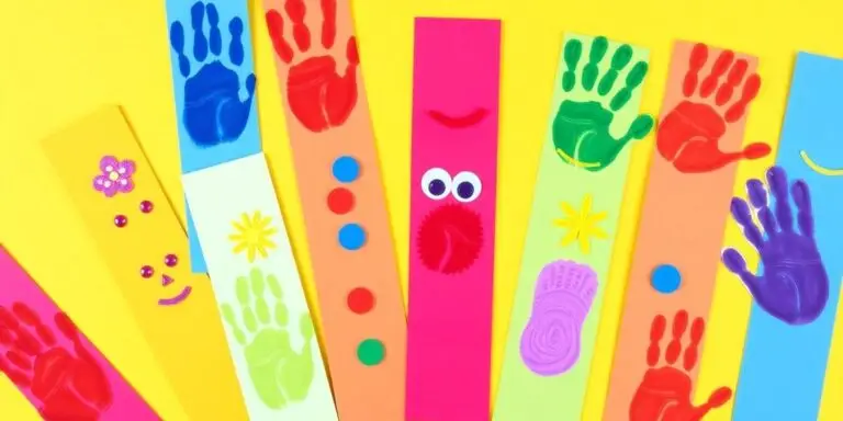 Colorful kids' fingerprint bookmarks in bright lighting.